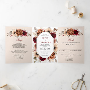 Faire-part Trois Volets Mariage Géométrique Floral Bourgogne Terracotta