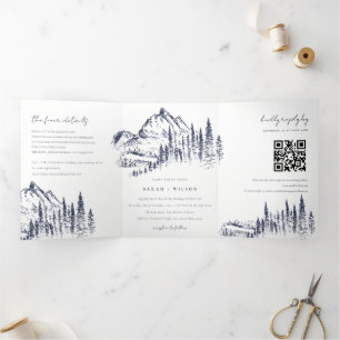 Faire-part Trois Volets Marine Pine Woods Mountain Sketch Mariage QR Code
