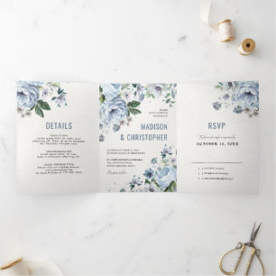 Faire-part Trois Volets Nuances de gris poussiéreux bleu hiver mariage rus