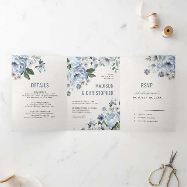 Faire-part Trois Volets Nuances de gris poussiéreux bleu hiver mariage rus (Intérieur)