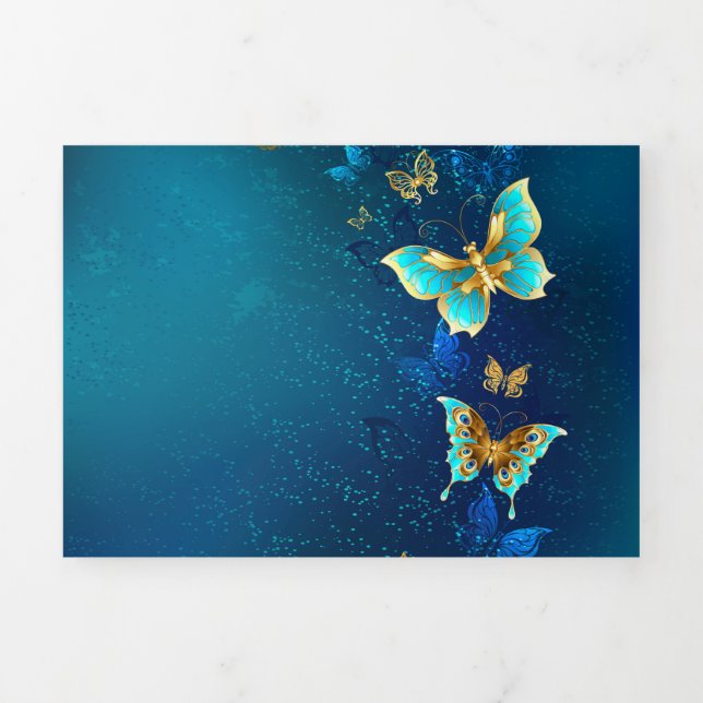 Faire-part Trois Volets Papillons d'or sur un Arrière - plan bleu (Page de couverture)