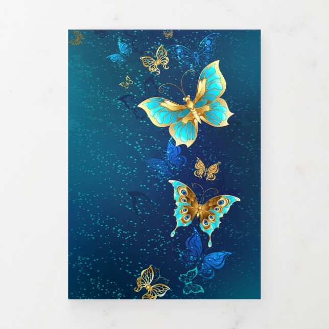 Faire-part Trois Volets Papillons d'or sur un Arrière - plan bleu (Page de couverture)