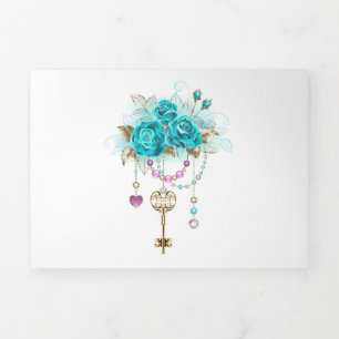 Faire-part Trois Volets Roses turquoise avec touches