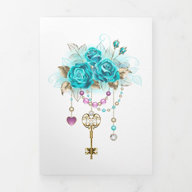 Faire-part Trois Volets Roses turquoise avec touches (Page de couverture)