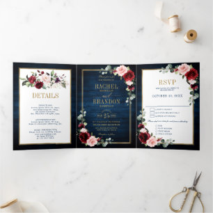 Faire-part Trois Volets Rouge bordeaux blush bleu marine or géométrique ma