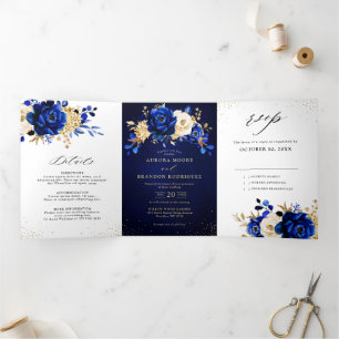 Faire-part Trois Volets Royal Bleu Jaune Or Métallurique Floral Mariage Tr