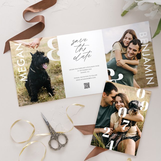 Faire-part Trois Volets Simple Style Bold Enregistrer la date Plusieurs ph (Simple Stylish Bold Save the Date Multiple Photo Tri-Fold Announcement)