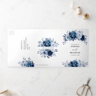 Faire-part Trois Volets Tri de mariage botanique floral Navy ardoise bleu 