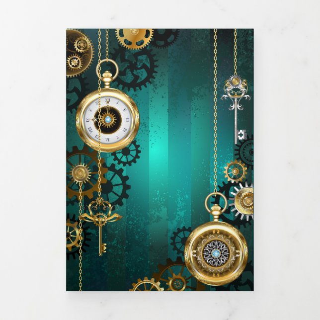 Faire-part Trois Volets Veille bijoux Steampunk sur un Arrière - plan vert (Page de couverture)