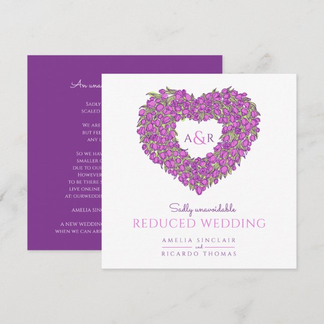 Faire-part Tulipes à monogramme violet cœur réduit mariage (Devant / Derrière)