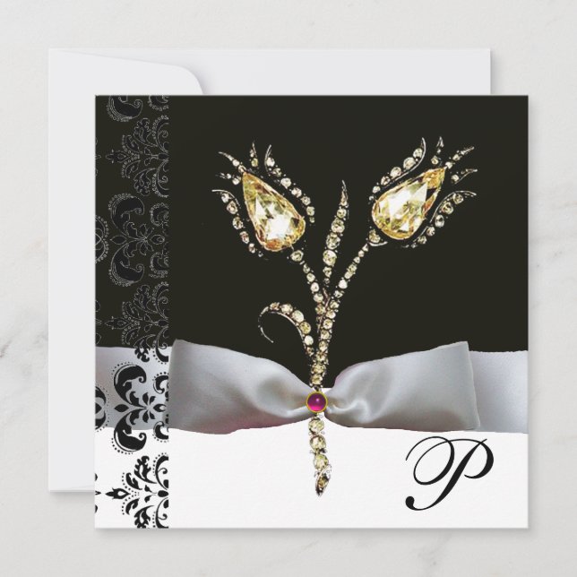 Faire-part TULIPS DE DIAMONNAGE, Monogramme de Damas noir ros (Devant)