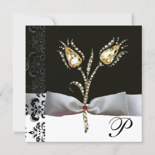 Faire-part TULIPS DE DIAMONNAGE, Monogramme de Damas noir ros