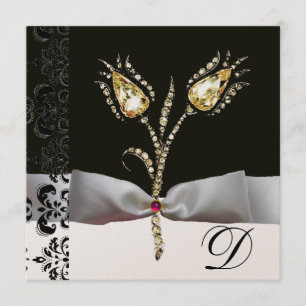 Faire-part TULIPS DE DIAMONNAGE, Monogramme de Damas noir ros