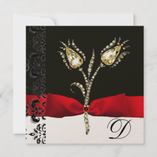 Faire-part TULIPS DE DIAMONNAGE, Monogramme de Damas noir rou