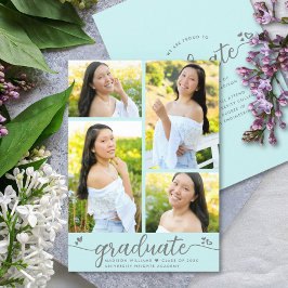 Faire-part Turquoise Graduation 4 Photo Moderne Script Coeurs