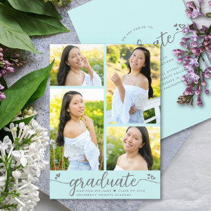 Faire-part Turquoise Graduation 4 Photo Moderne Script Coeurs