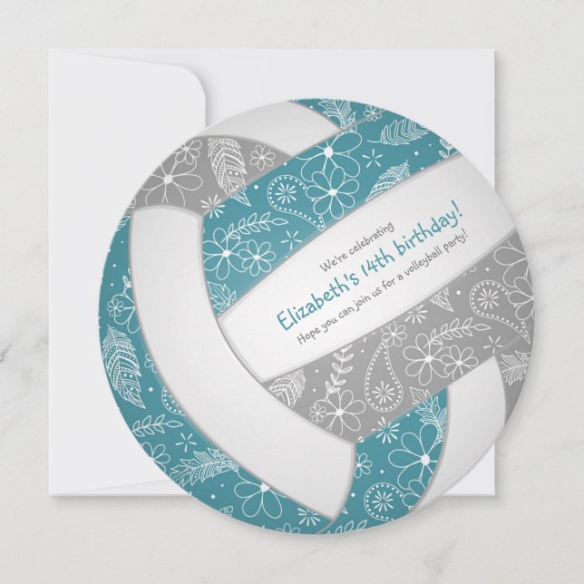 Faire-part turquoise gris avec doodles floraux volley fille a (Devant)