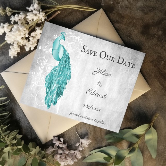 Faire-part Turquoise Peacock Enregistrer La Date Annonce (Teal Peacock Save the Date)