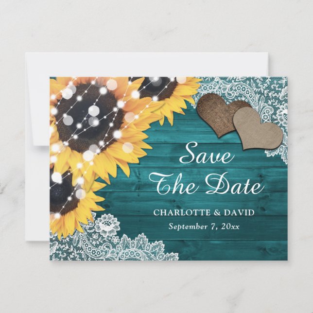 Faire-part Turquoise Tournesol Dentelle Burlap Coeurs Mariage (Devant)