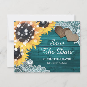 Faire-part Turquoise Tournesol Dentelle Burlap Coeurs Mariage