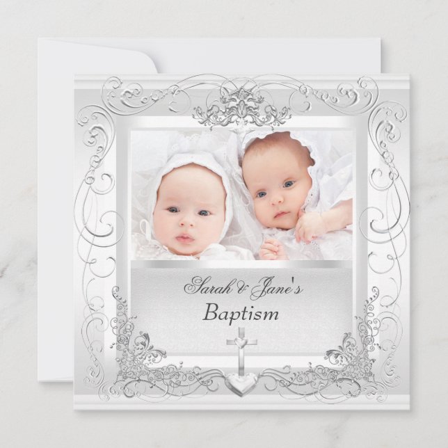 Faire-part Twin Baby Girl Garçon Christening Baptême Blanc (Devant)