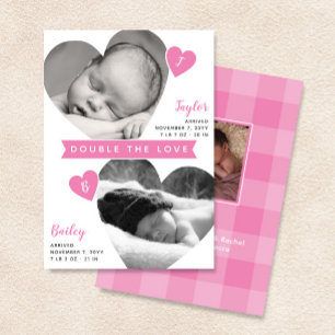 Faire-part Twin Girls Heart Frames Pink Photo Collage Naissan