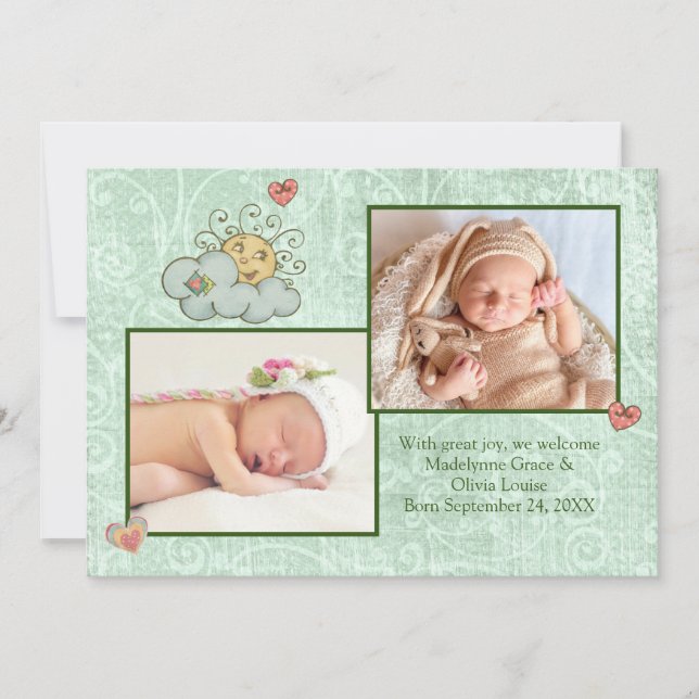 Faire-part Twins Folk Art Green (Devant)