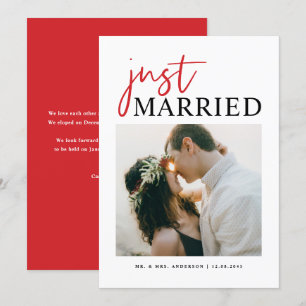 Faire-part Typographie manuscrite rouge Juste Marié Photo