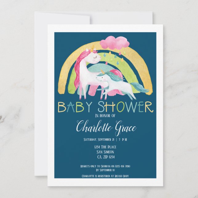 Faire-part Unicorn Rainbow Baby shower garçon ou Unisex (Devant)