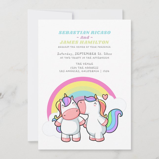 Faire-part Unicorne Magique Et Rainbow Fun Mariage Gay (Devant)