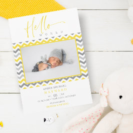 Faire-part Unisex Jaune Grey Zigzag Hello World Nouveau-né