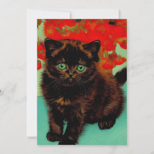 Faire-part Van Gogh Chat noir Fleurs rouges