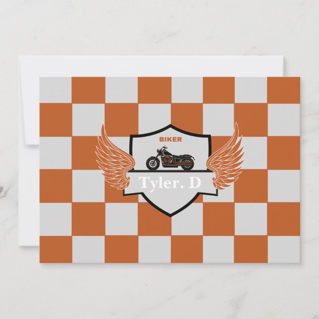 Faire-part Vérificateur orange et gris et moto (Devant)