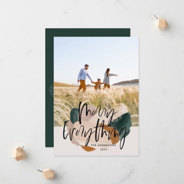 Faire-part Vert abstrait moderne 1 photo Noël vacances (Devant/Arrière en situation)