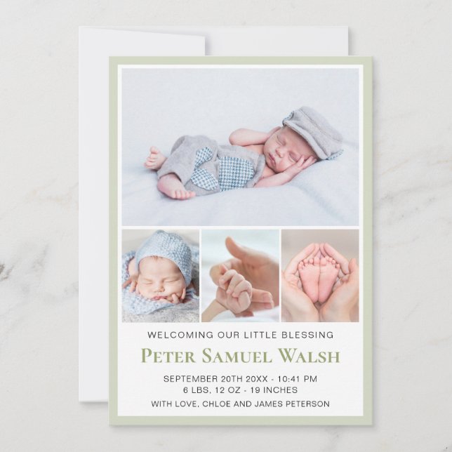 Faire-part Vert clair Bienvenue Petit Homme Bébé Garçon Naiss (Devant)