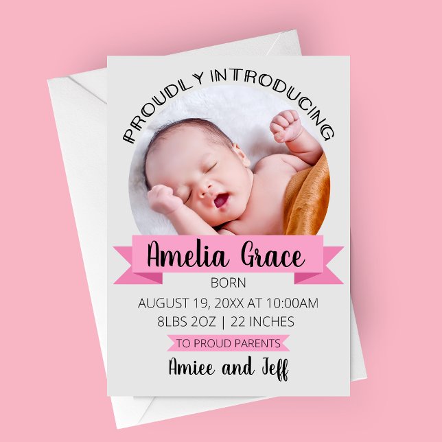 Faire-part Vertical Fièrement Introduire L'Annouement De Nais (Proudly Introducing Pink Photo Birth Announcement Card)