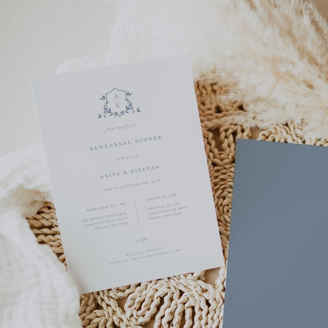 Faire-part Vins intemporels Dusty Blue Crest Dîner de répétit (Créateur téléchargé)