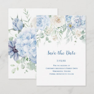 Faire-part vintage bleu et blanc à motif floral