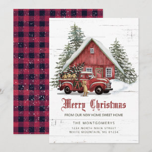 Faire-part Vintage Camion Rouge Farmhouse Chiens Noël Déménag