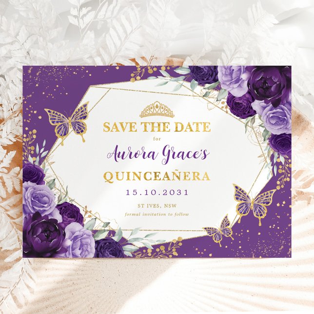 Faire-part Violet Gold Quinceanera Floral Enregistrer la date (Créateur téléchargé)