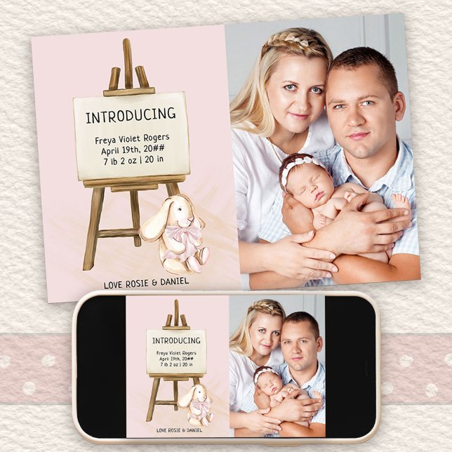 Faire-part Voici Easel & Bunny Photo Baby Girl Birth (Photo Birth Announcement with cute nursery design. Buy printed or as printable digital download)