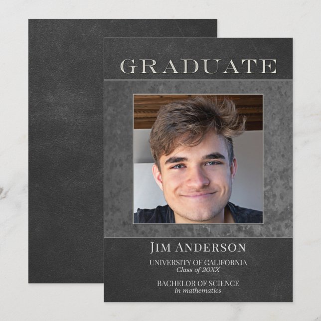 Faire-part Votre Photo Silver Metal Faux Leather Graduation A (Devant / Derrière)