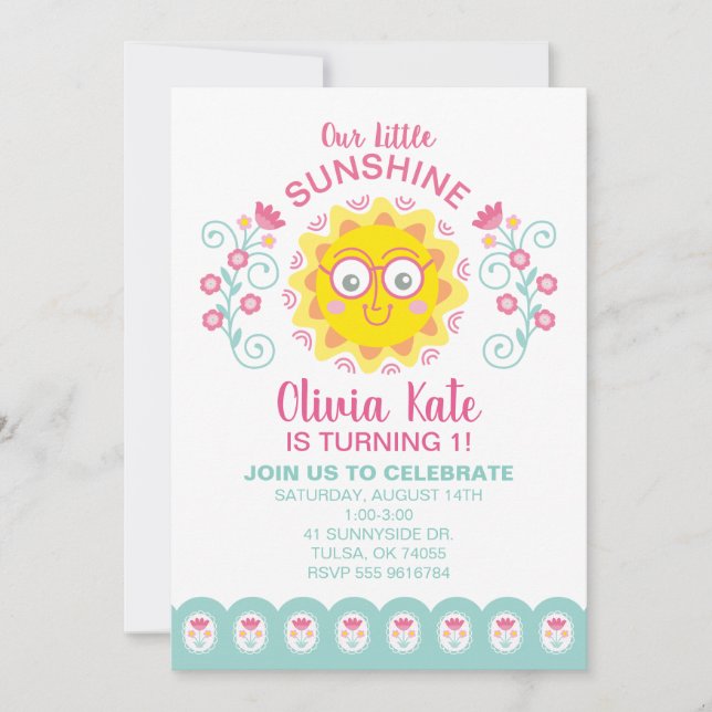 Faire-part Vous Êtes Mon Sunshine Cute Girl 1er Anniversaire  (Devant)