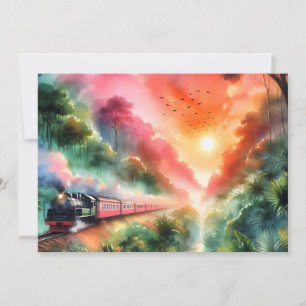 Faire-part Voyage en train au coucher de soleil tropical aqua