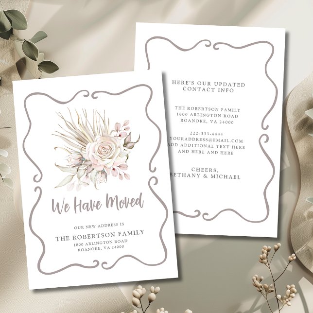 Faire-part We Have Moved Blush Roses New Address (We Have Moved Boho Blush Pink Roses and Eucalyptus New Address Flat Card with Envelope)