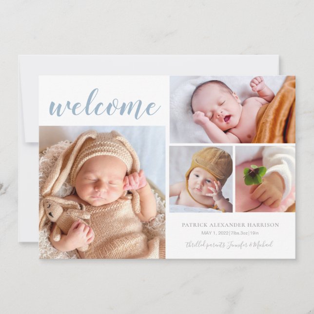 Faire-part Welcome Baby Photo Collage Blue Birth (Devant)