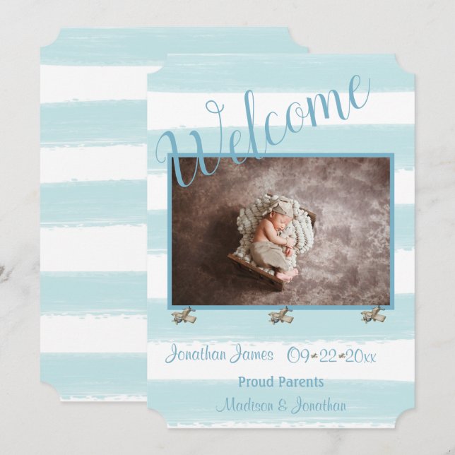 Faire-part Welcome Blue Photo Script Personnaliser la naissan (Devant / Derrière)