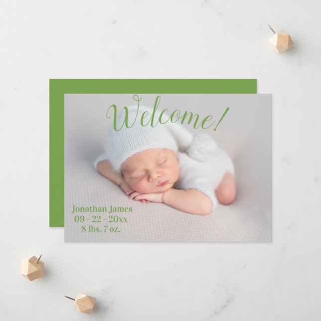 Faire-part Welcome Green Photo Script Genre Naissance neutre (Devant/Arrière en situation)