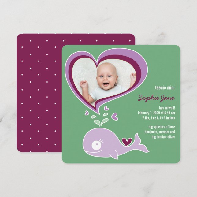 Faire-part Whimsical Love Purple Whale Baby Girl Photo Birth (Devant / Derrière)