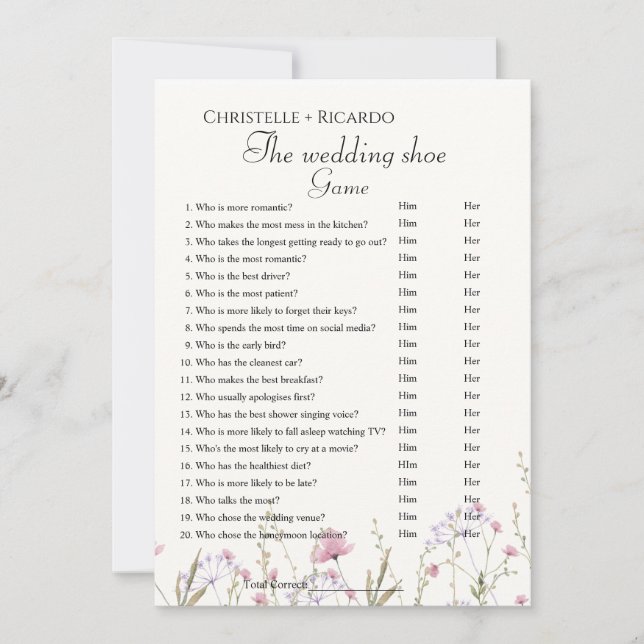 Faire-part WildflowerWedding jeu de chaussures jeu de bachelo (Devant)